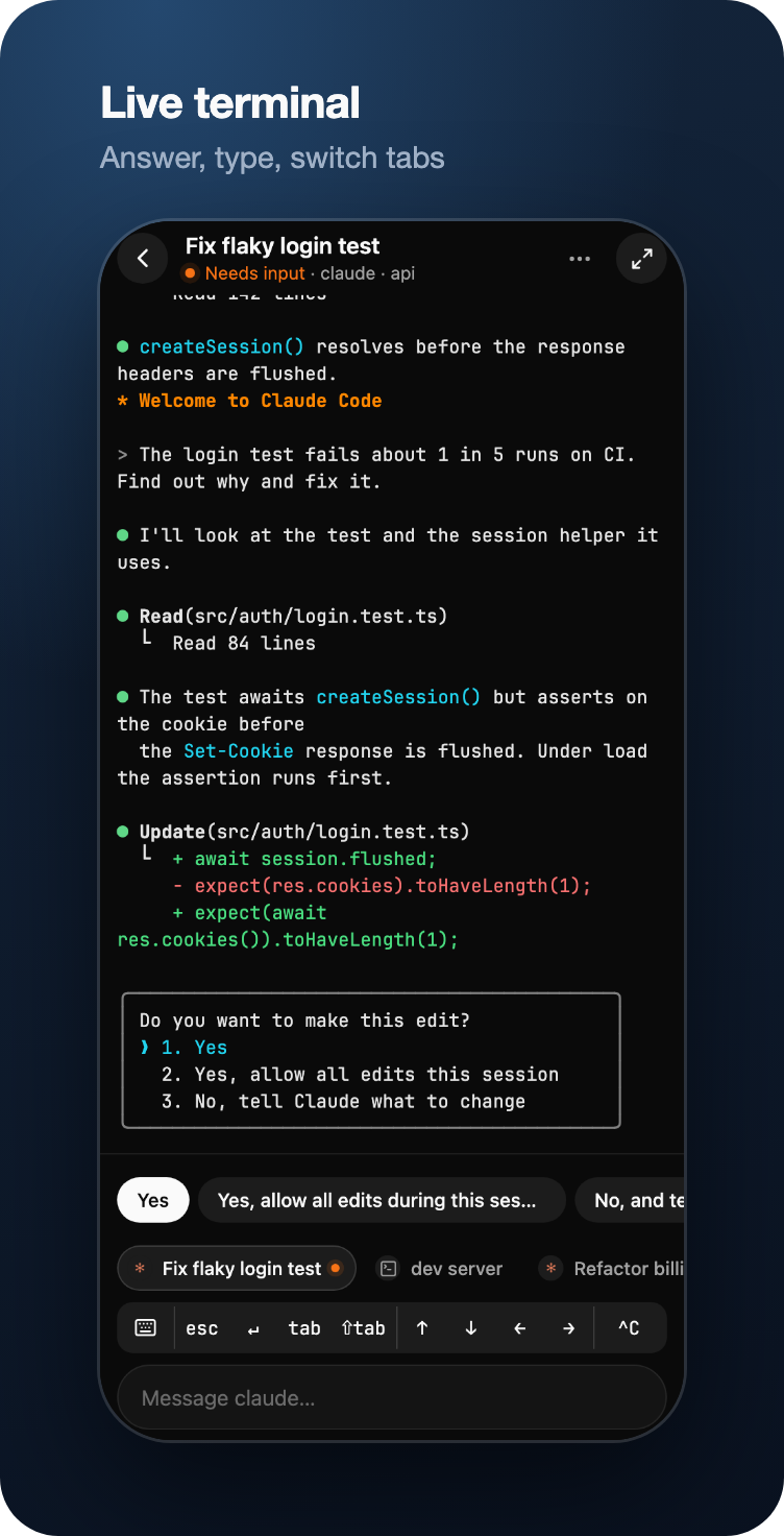 An agent's live terminal with answer chips, tabs and quick keys